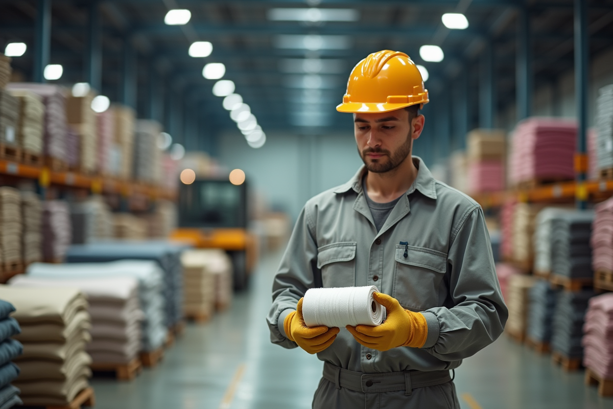 Jeune homme inspectant des rouleaux de tissu dans un entrepôt
