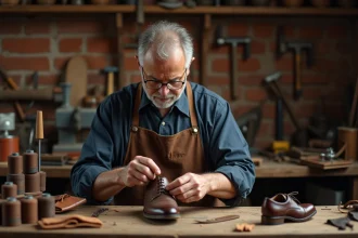 Cordonnier expérimenté réparant une chaussure en cuir dans son atelier artisanal