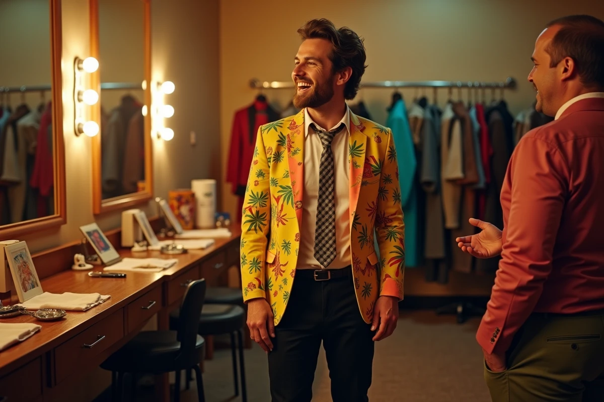 Homme en costume années 80 avec blazer à motifs néon et cravate fine dans les coulisses d'un carnaval