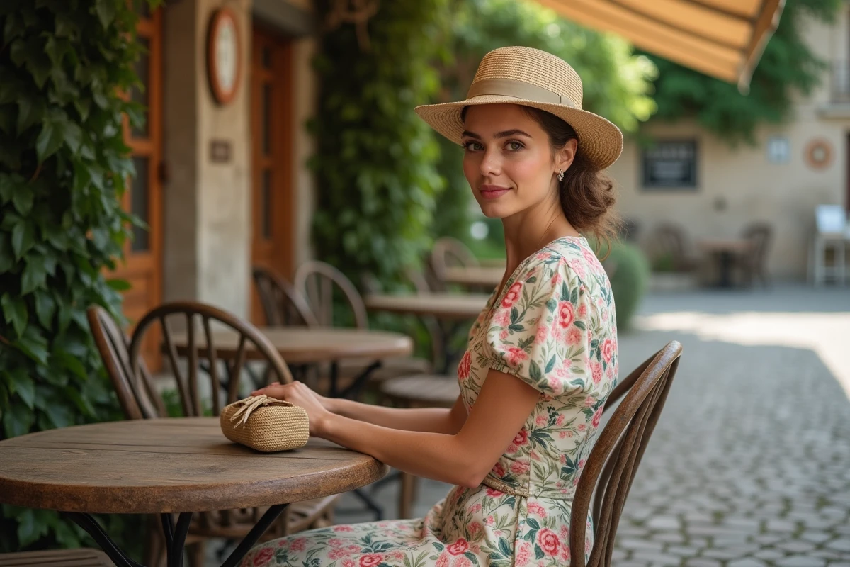 Femme habillée en style guinguette 1940 avec robe fleurie et chapeau de paille sur une terrasse de bistro