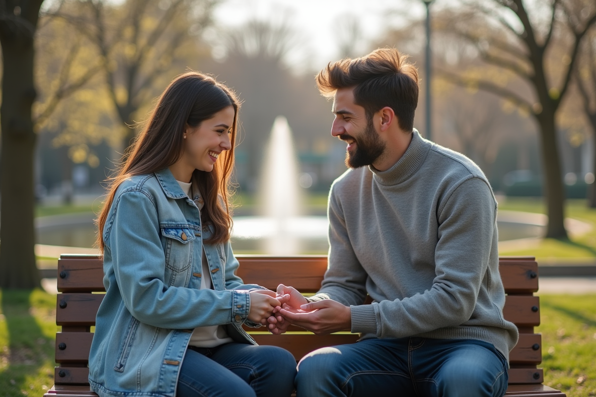 Jeune couple échangeant une bague dans un parc au printemps