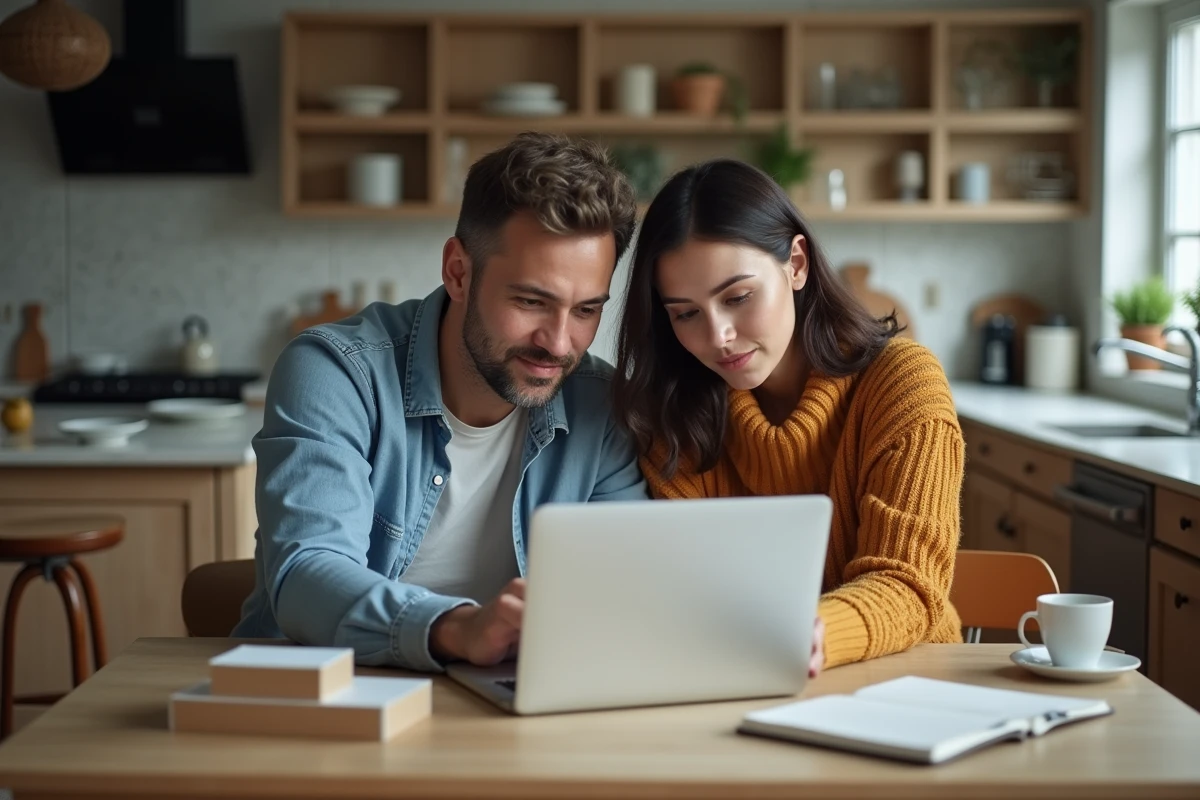 Couple lisant des avis d'acheteurs en ligne sur un produit de marque alternative dans leur cuisine