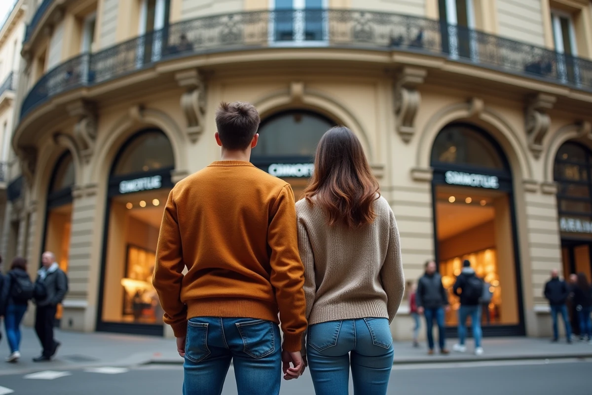 Jeune couple regardant la façade d’un grand magasin parisien