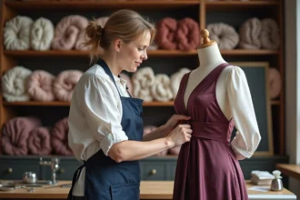 Couturière expérimentée inspectant la qualité d'une robe de soirée en soie dans un atelier de couture à Nice