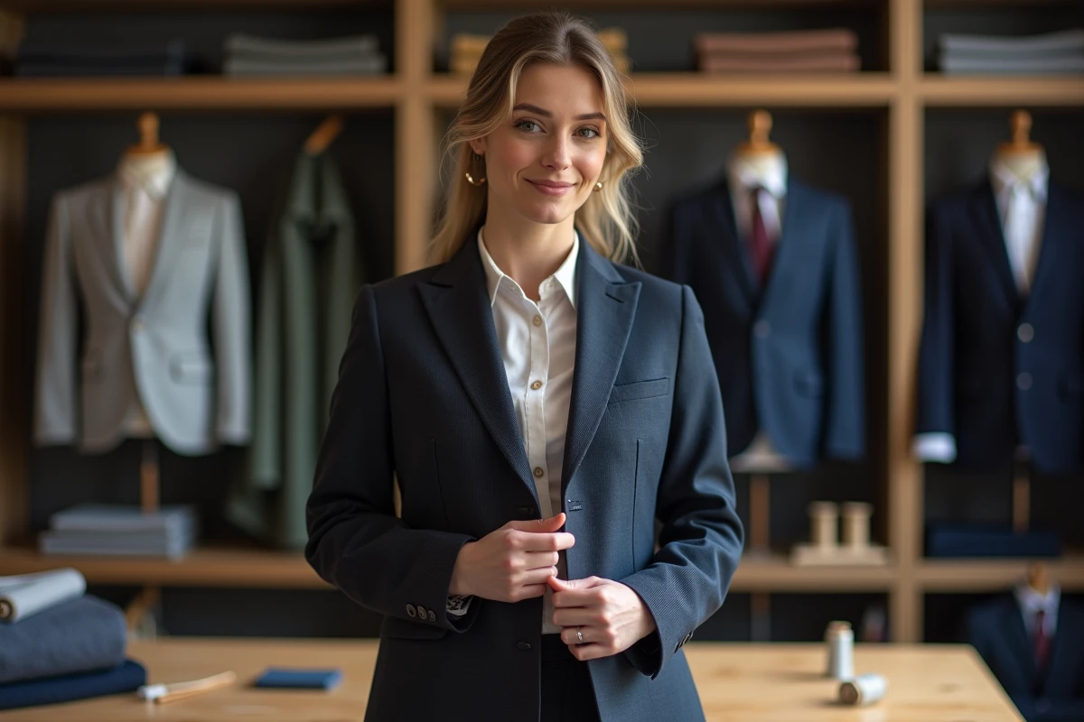 Femme élégante examinant une couture sur une robe à Toulouse