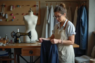 Couturière professionnelle épinglant l'ourlet d'un pantalon marine sur un mannequin de couture dans son atelier