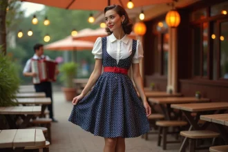 Femme en tenue guinguette rétro années 50 avec jupe à pois et ceinture rouge dans un jardin festif