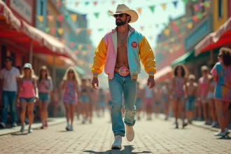 Homme déguisé en tenue années 80 colorée défilant lors d'un carnaval avec veste pastel et jean acid-wash