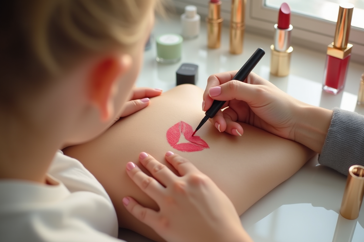 Deux mains dessinant un cœur rouge avec un crayon à lèvres sur une table de maquillage