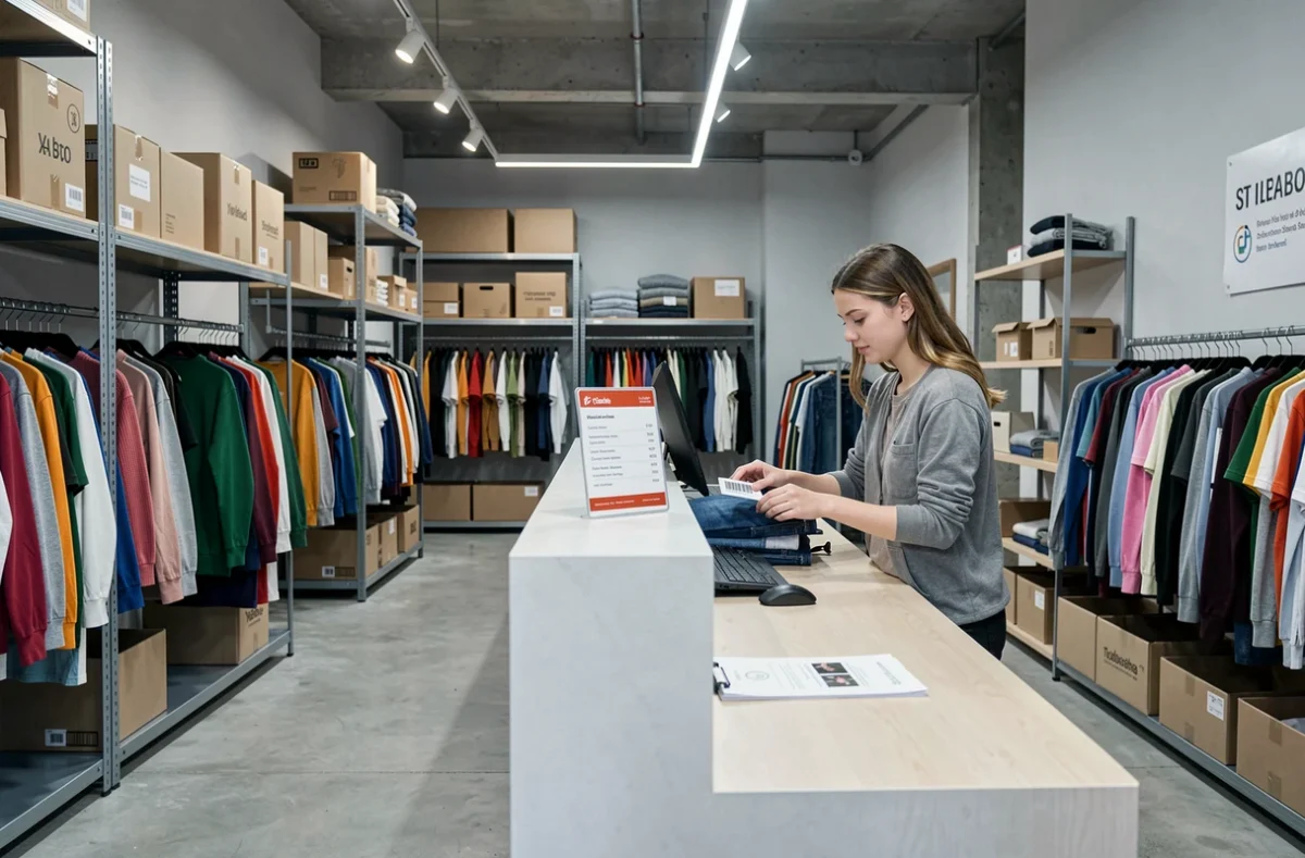 Boutique Ding Fring à La Roche-sur-Yon avec des portants de vêtements codés par couleur et un comptoir de dépôt-vente moderne