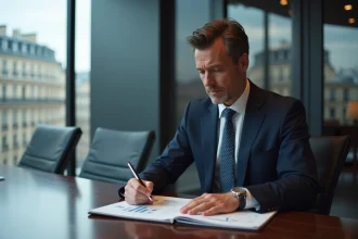 Dirigeant d'entreprise analysant des documents d'acquisition de marque dans une salle de réunion parisienne élégante