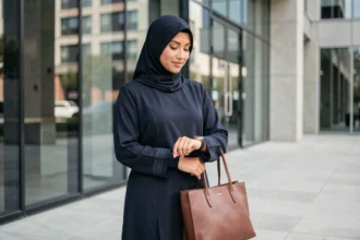 Femme active portant un djilbab marine structuré devant un immeuble de bureaux moderne, tenant un sac en cuir et regardant sa montre