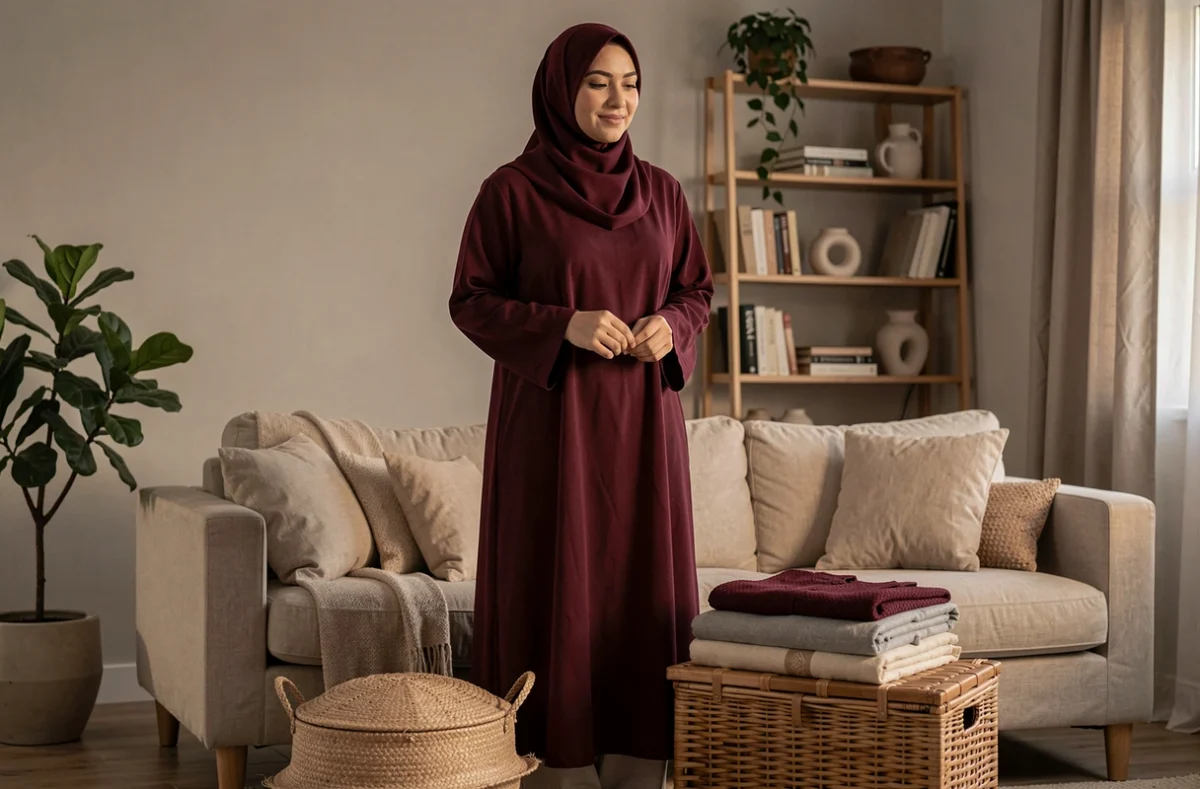 Femme en djilbab bordeaux dans un salon cosy en fin de journée, organisant ses tenues dans un panier en osier