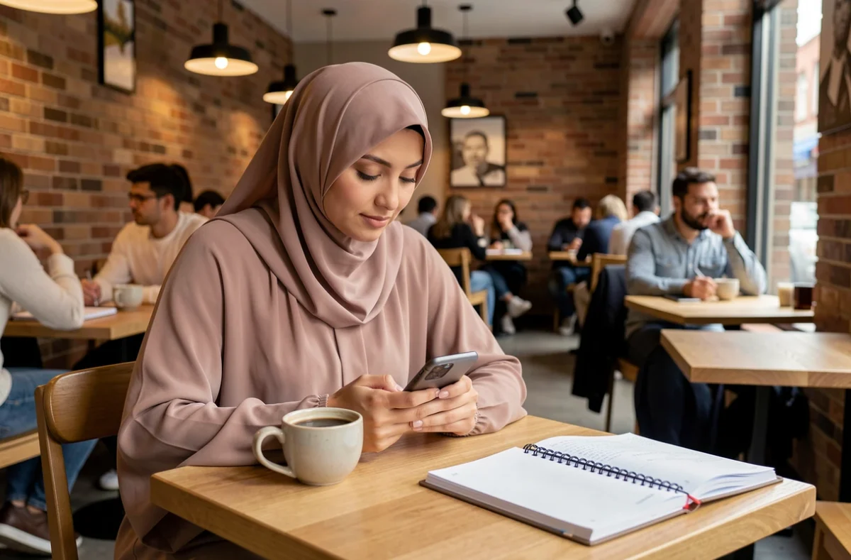 Femme en djilbab taupe assise dans un café urbain pendant une pause déjeuner, avec smartphone et agenda sur la table