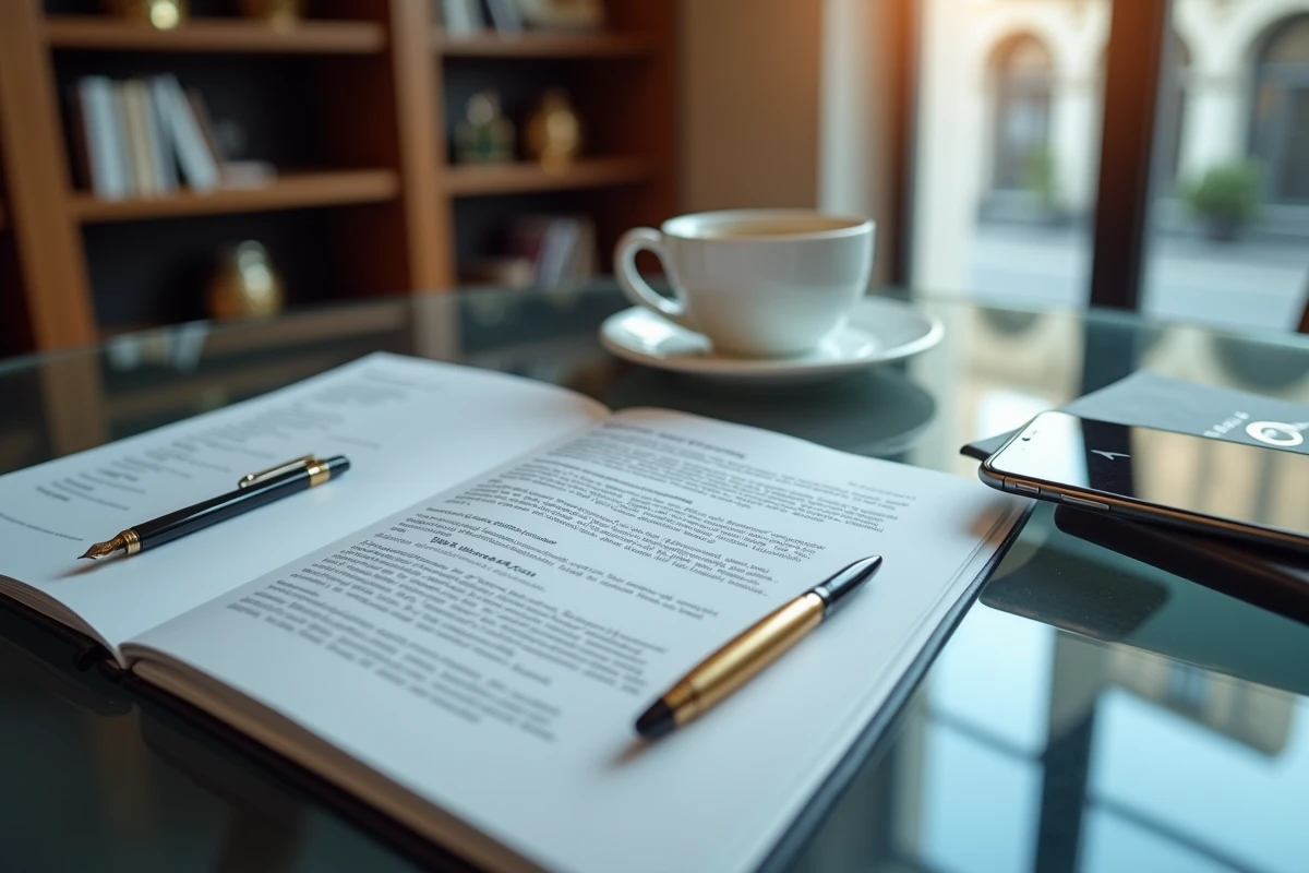 Documents de stratégie d'acquisition de marque LVMH posés sur une table de réunion avec stylo et smartphone financier