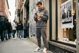 Jeune homme en streetwear limitée devant une boutique lors d'un drop exclusif