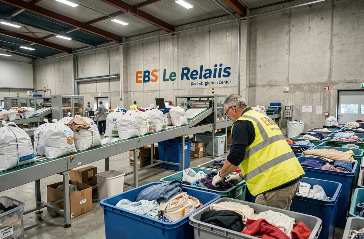 Employé triant des vêtements collectés au centre EBS Le Relais Nord Pas-de-Calais