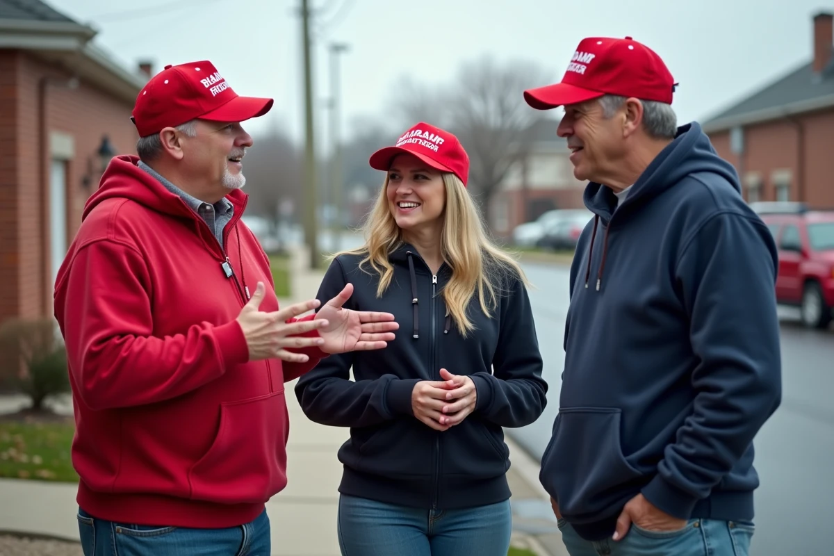 Groupe d'électeurs américains portant des casquettes MAGA devant un bureau de vote en banlieue lors des élections de mi-mandat 2026