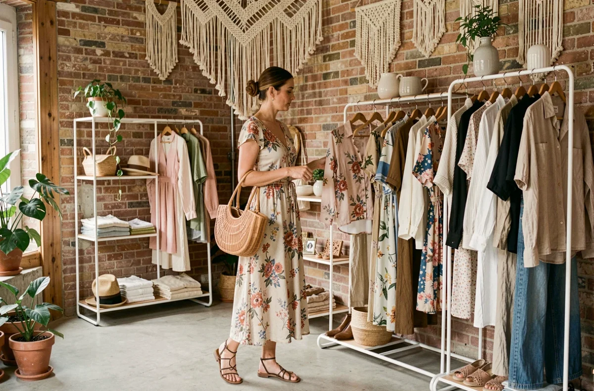 Emilyssa Concept Store Friperie à Champagne-sur-Seine avec une cliente explorant des vêtements vintage et des accessoires artisanaux