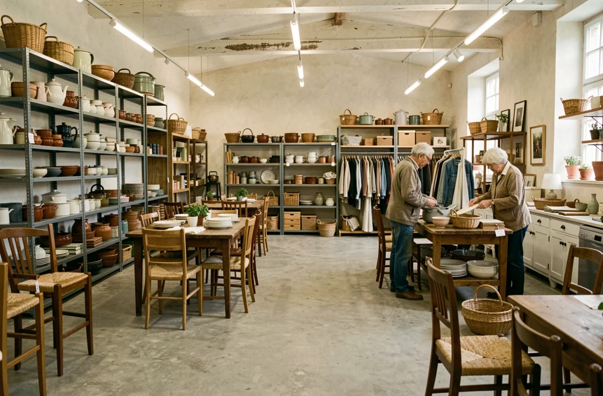 Intérieur de l'Emmaüs de Challans avec des meubles, vaisselle et vêtements d'occasion disposés dans un vaste espace de vente solidaire