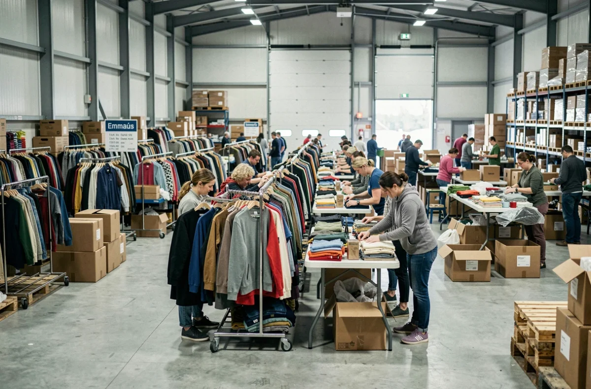 Espace de vente de l'Emmaüs à La Roche-sur-Yon avec des portants de vêtements d'occasion organisés et des bénévoles au travail