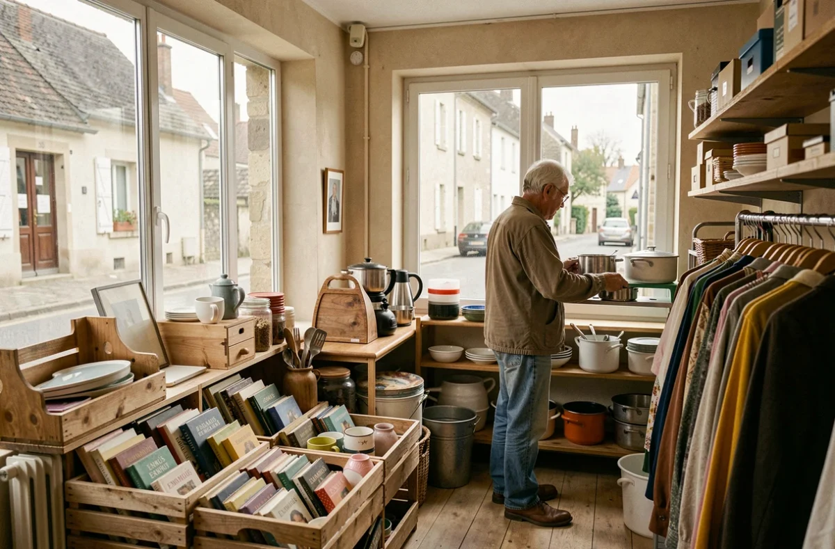 Intérieur de l'Emmaüs des Herbiers avec des vêtements, livres et objets du quotidien d'occasion disponibles à la vente