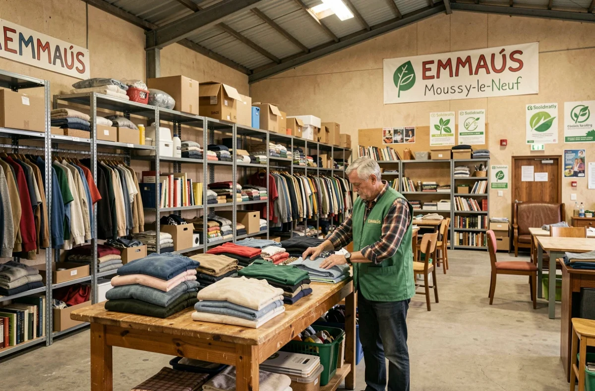 Centre Emmaüs de Moussy-le-Neuf avec un bénévole qui trie et range des vêtements donnés dans un espace solidaire et généraliste
