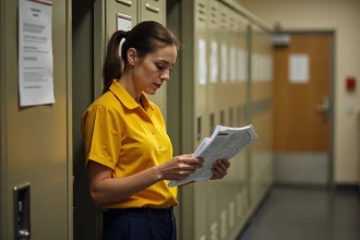 Employée de La Poste consultant son budget vestimentaire Monespace habillement dans une salle de pause