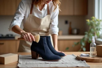 Femme entretenant des bottines en daim bleu marine avec une brosse à poils doux sur une table en bois, entourée de produits de soin pour daim