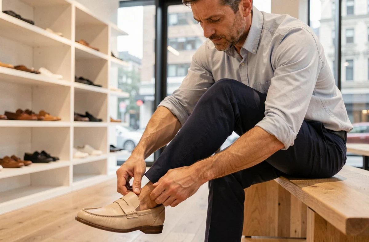 Homme essayant des chaussures confortables en cuir beige dans une boutique moderne