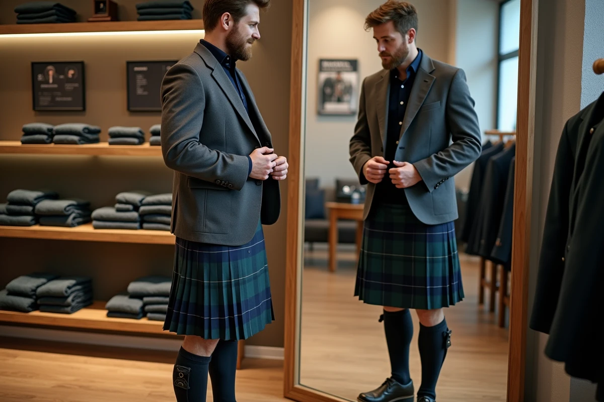 Homme essayant un kilt irlandais dans une boutique de vêtements traditionnels, vérifiant la longueur et l'ajustement pour trouver la bonne taille
