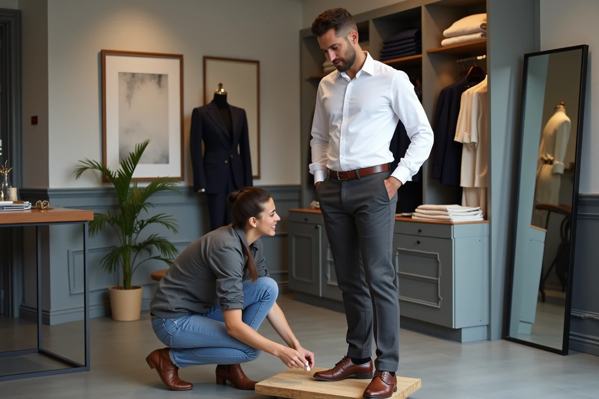 Client en pantalon de laine sur une estrade d'essayage pendant qu'une couturière marque l'ourlet à la craie de tailleur