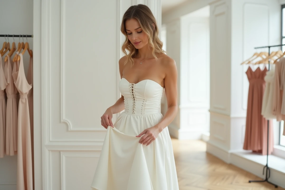 Femme essayant une robe bustier longue blanche dans une boutique minimaliste moderne, ambiance shopping élégant