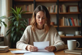 Femme évaluant attentivement un produit de marque inconnue à son bureau à domicile