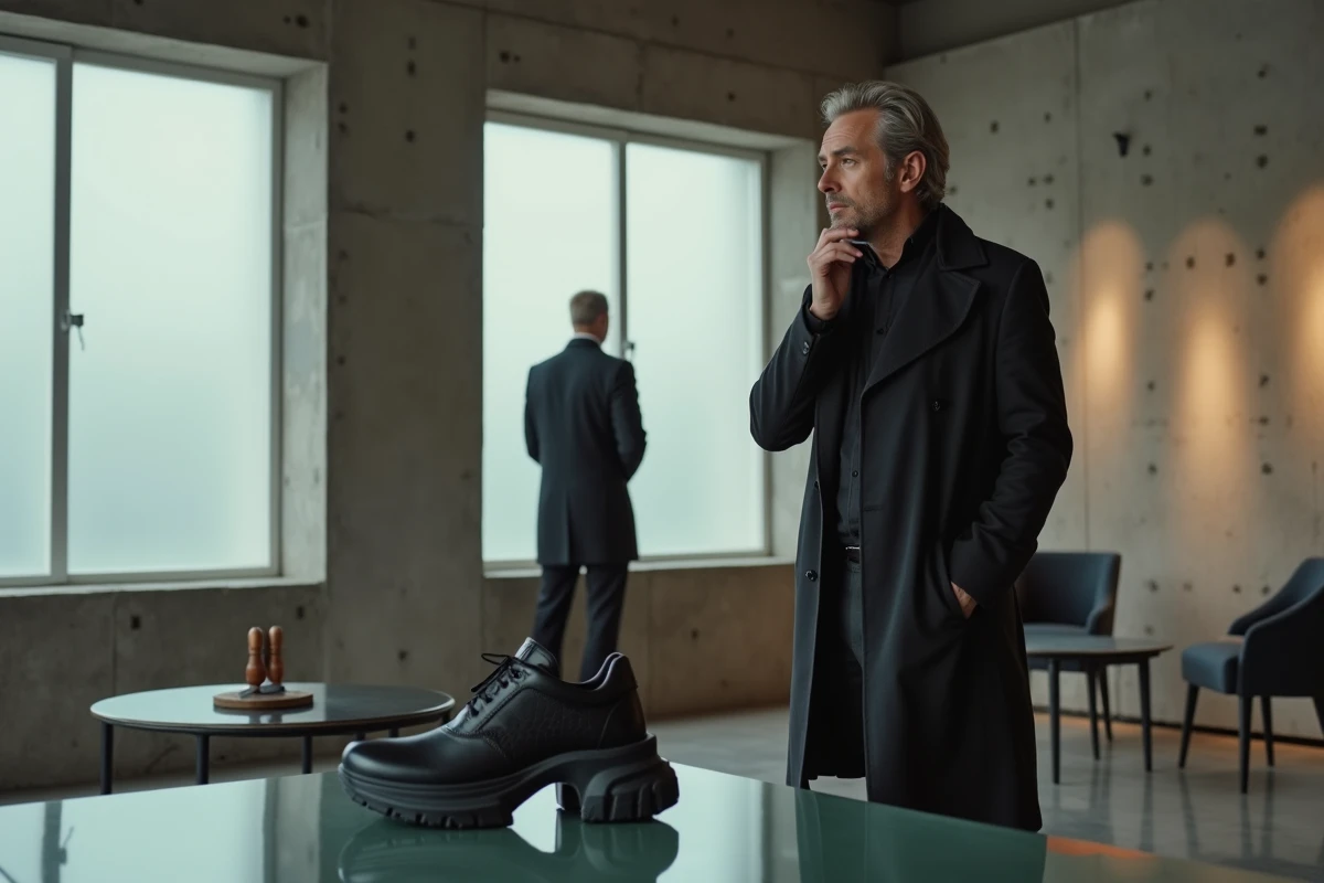 Homme de la mode analysant des chaussures de créateur controversées dans un showroom contemporain épuré