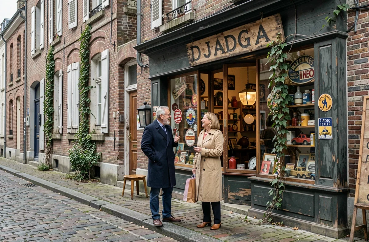 Façade d'une boutique djadja dans le quartier Wazemmes à Lille avec deux clients souriants devant la vitrine chargée d'objets rétro