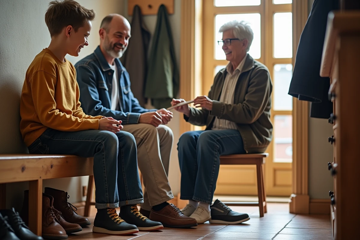 Groupe familial mesurant la taille des pieds dans une entrée lumineuse