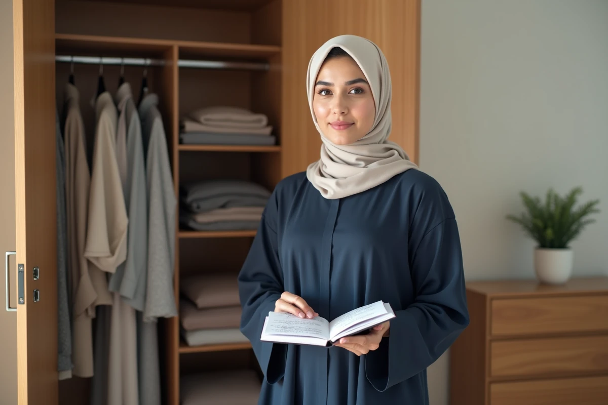 Femme en abaya et hijab prenant des notes sur la sunna vestimentaire devant une armoire de vêtements modestes