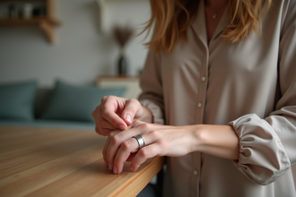 Femme posant une bague en argent sur son doigt dans un intérieur cosy