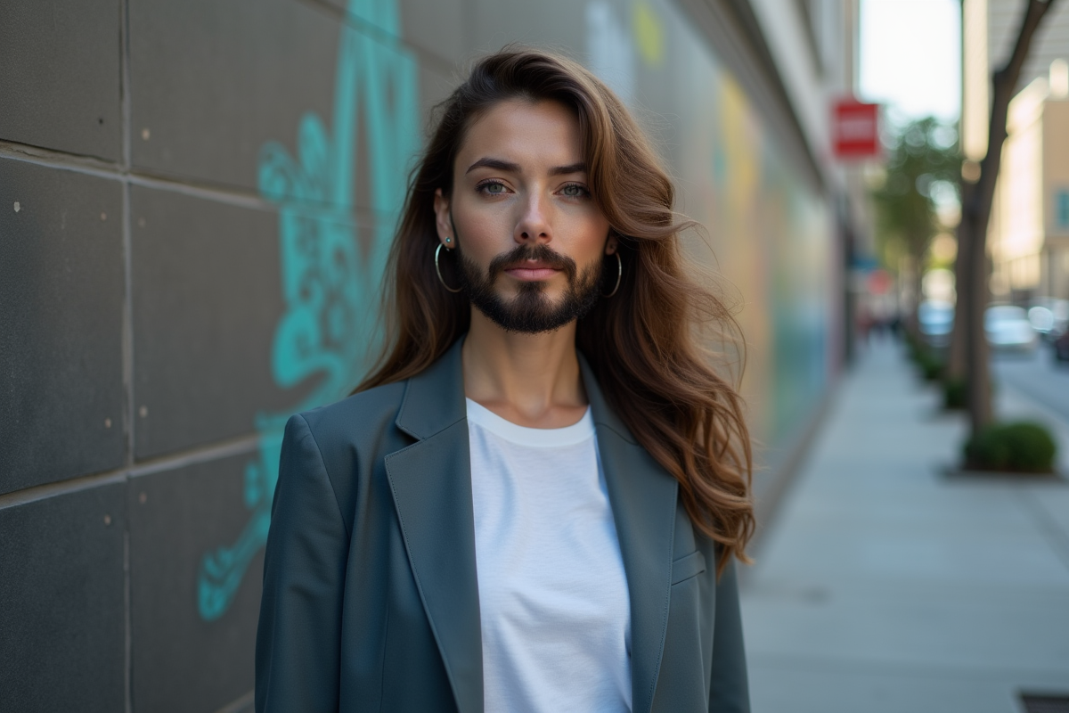 Femme avec barbe sculptée devant mur urbain