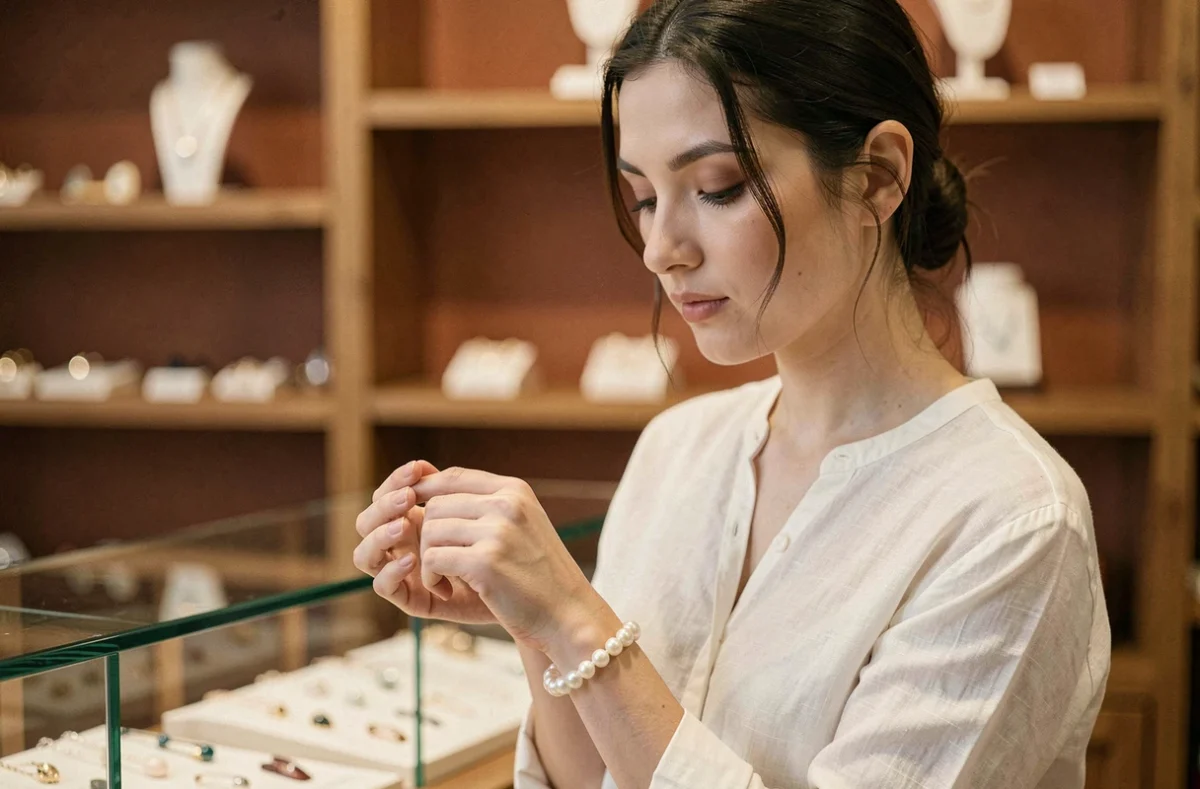 Jeune femme attachant un bracelet de perles d'eau douce dans une boutique de bijoux artisanale, portrait lifestyle éditorial