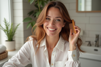 Femme aux cheveux brillants se coiffant dans une salle lumineuse