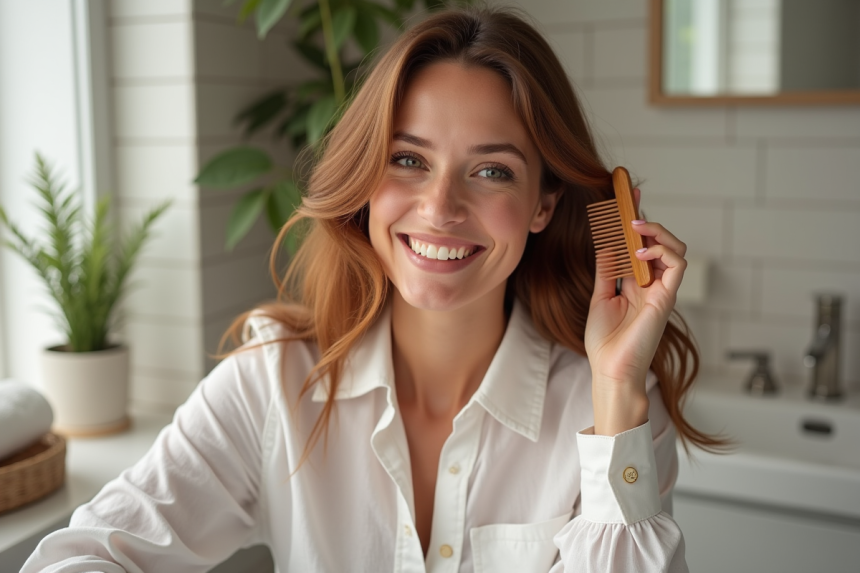 Femme aux cheveux brillants se coiffant dans une salle lumineuse