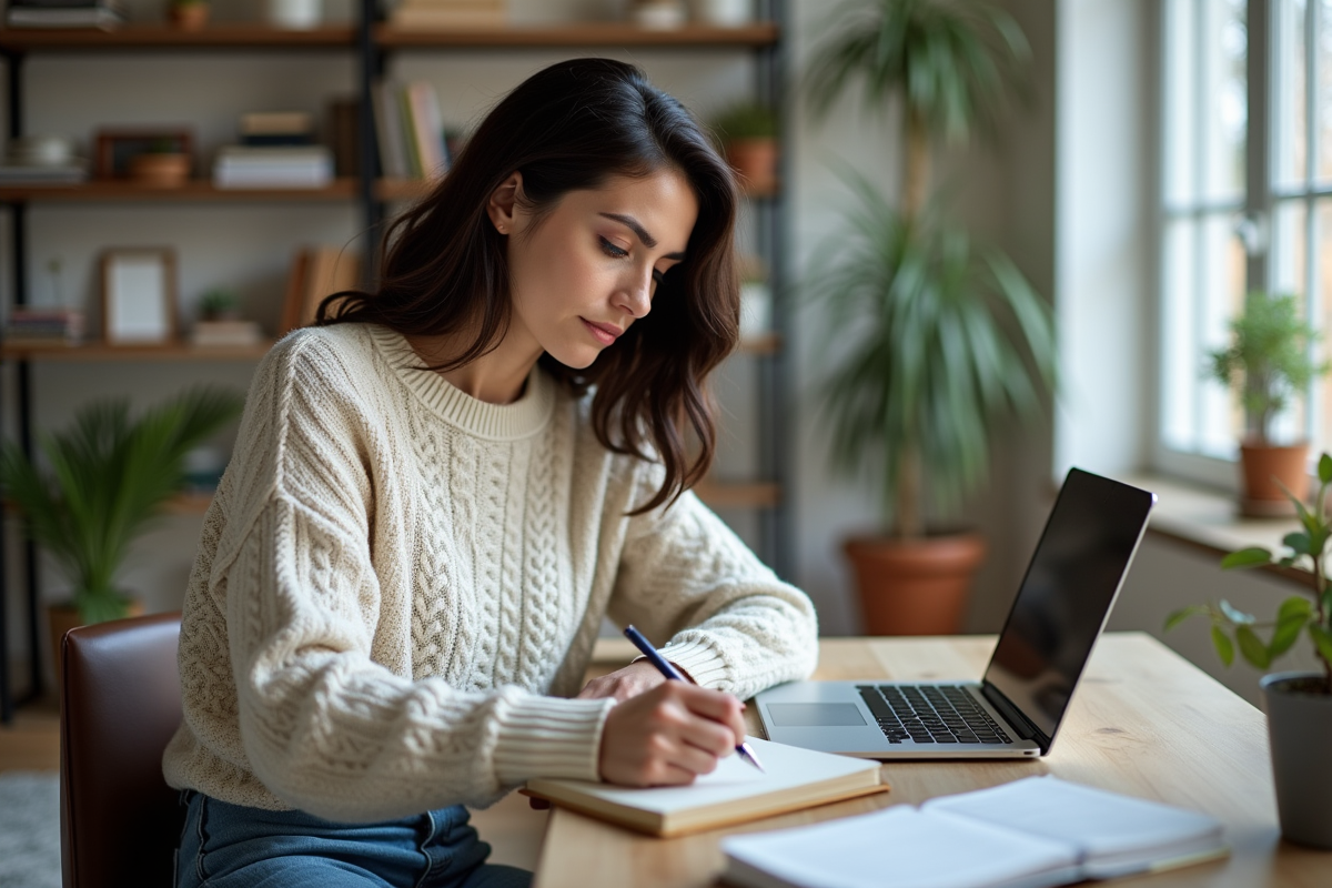 Femme concentrée travaillant dans un bureau cosy à la maison