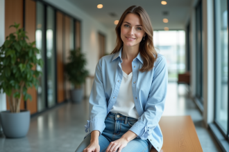 Femme en bureau portant blouse blanche et chemise bleue