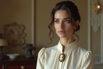 Femme élégante portant un camée antique en broche sur un chemisier ivoire dans un appartement parisien au style vintage