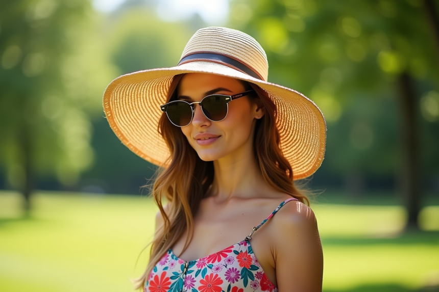 Jeune femme en chapeau de paille dans un parc ensoleille