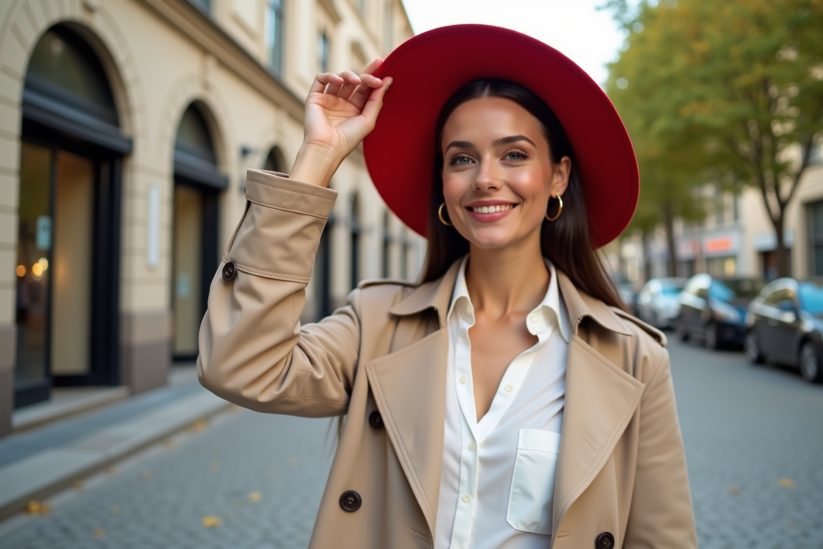 Femme élégante portant un chapeau rouge dans une rue urbaine