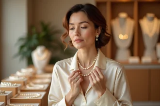 Femme examinant un collier de perles de culture dans une bijouterie élégante, comparant différents modèles selon leur prix