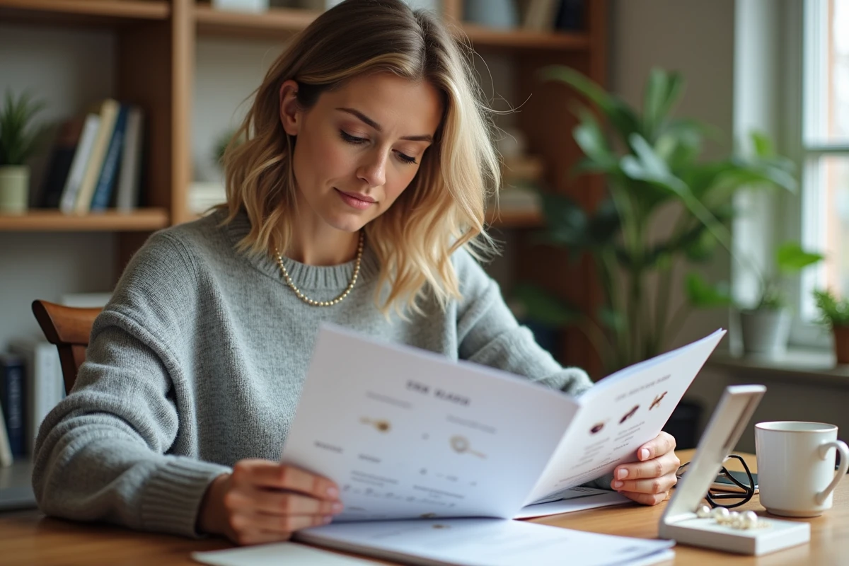 Femme consultant un catalogue de colliers de perles de culture à son bureau pour comparer les prix selon son budget